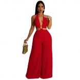 Red Deep V-Neck Hollow-out Sexy Women Jumpsuit Dress