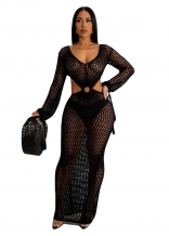 Black Hollow-out Nets Sexy Knitting V-Neck Fashion Dress