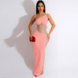 Pink Halter Lace Mesh Rhinestone Sexy Fashion Jersey Long Dress