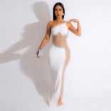 White Halter Lace Mesh Rhinestone Sexy Fashion Jersey Long Dress