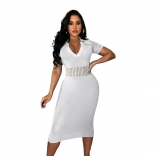 White Hollow-out Cotton Silk Bodycon Midi Dress