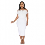 White Off-Shoulder Feather Sexy Slim Party Midi Dress