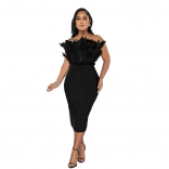 Black Off-Shoulder Feather Sexy Slim Party Midi Dress