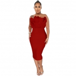 Red Off-Shoulder Feather Sexy Slim Party Midi Dress