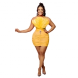 Yellow Off-Shoulder Feather Bodycon Women Club Mini Dress