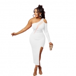 White One Long Sleeve Mesh Hollow-out Slim Sexy Midi Dress