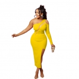 Yellow One Long Sleeve Mesh Hollow-out Slim Sexy Midi Dress