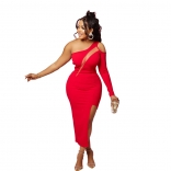 Red One Long Sleeve Mesh Hollow-out Slim Sexy Midi Dress