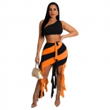 Orange Halter Boat-Neck Bandage Tassels Sexy Party Dress