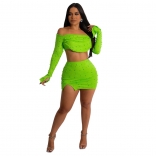 Green Off-Shoulder Pearl Long Sleeve Sexy Pant Sets