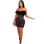Black Off-Shoulder Feather Sequin Mesh Sexy Dress