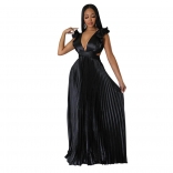 Black Chiffion Deep V-Neck Pleated Fashion Women Party Long Dress