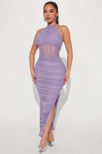Purple Halter Neck Mesh Hollow-out Party Sexy Dress