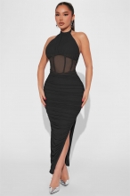 Black Halter Neck Mesh Hollow-out Party Sexy Dress