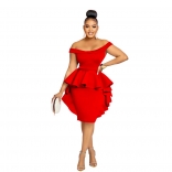 Red Low-Cut Halter Foral Fashion Women Midi Dress