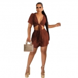 Brown Deep V-Neck Knot Sexy Women Party Short Sets