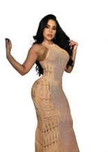 Khaki Hollow-out Nets Fashion Sexy Women Midi Dress