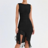 Black O-Neck Mesh Fashion Women Midi Club Dress