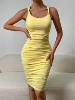 Yellow Sleeveless Halter Bodycon Midi Dress
