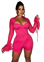 Red Mesh Long Sleeve Low-Cut Sexy Club Rompers