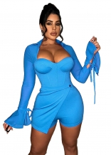 Blue Mesh Long Sleeve Low-Cut Sexy Club Rompers