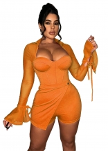 Orange Mesh Long Sleeve Low-Cut Sexy Club Rompers