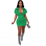 Green Short Sleeve Button Deep V-Neck Club Dress