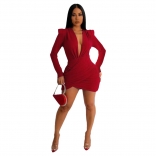 Red Deep V-Neck Long Sleeve Silk Bodycon Sexy Mini Dress