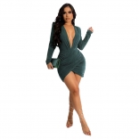 Green Deep V-Neck Long Sleeve Silk Bodycon Sexy Mini Dress