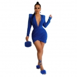 Blue Deep V-Neck Long Sleeve Silk Bodycon Sexy Mini Dress