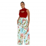 Red Sleeveless Sexy Tops Printed Women Jumpsuit Dress