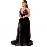 Purple Deep V-Neck Sequin Halter Mesh Evening Long Dress
