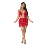 Red Halter Tassels Sequin Fashion Sexy Mini Dress