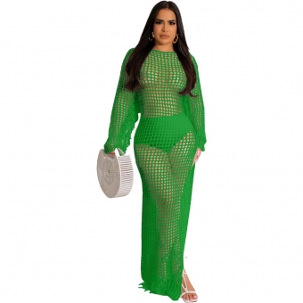 Green Fashion Women Knitting Tassels Hollow-out Sexy Club Midi Dress
