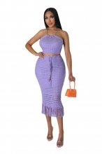 Purple Tassels Sleeveless Nets Sexy Women Midi Dress