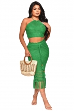 Green Tassels Sleeveless Nets Sexy Women Midi Dress
