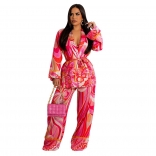 Red Long Sleeve Printed Sexy Bra 3PCS Fashion Jumpsuit Sets