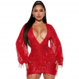 Red Long Sleeve Deep V-Neck Sequin Tassels Slim Mini Dress