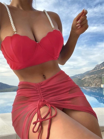 Red Pearl Halter 3PCS Sexy Mesh Bikini Sets