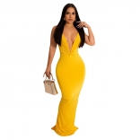 Yellow Deep V-Neck Sleeveless Bodycon Fashion Maxi Dress