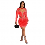 Red Long Sleeve Mesh Deep V-Neck Hollow-out Bodycon Mini Dress