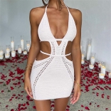 White Cotton Hollow-out Deep V-Neck Sexy Women Dress