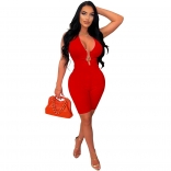 Red Sleeveless Deep V-Neck Chains Bodycon Sexy Rompers