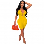 Yellow Sleeveless Deep V-Neck Chains Bodycon Sexy Rompers