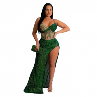 Green Halter Straps Low-Cut V-Neck Sequin Sexy Club Long Dress