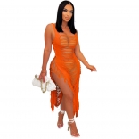 Orange Halter Cotton Tassels Hollow-out Sexy Maxi Dress