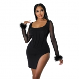 Black Feather Mesh Long Sleeve Pleated Sexy Party Dress