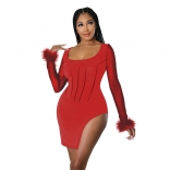 Red Feather Mesh Long Sleeve Pleated Sexy Party Dress