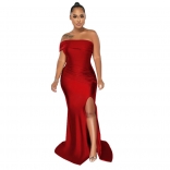 Red Off-Shoulder Boat-Neck Pleated Sexy Evening Long Dress