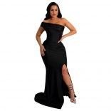 Black Off-Shoulder Boat-Neck Pleated Sexy Evening Long Dress
